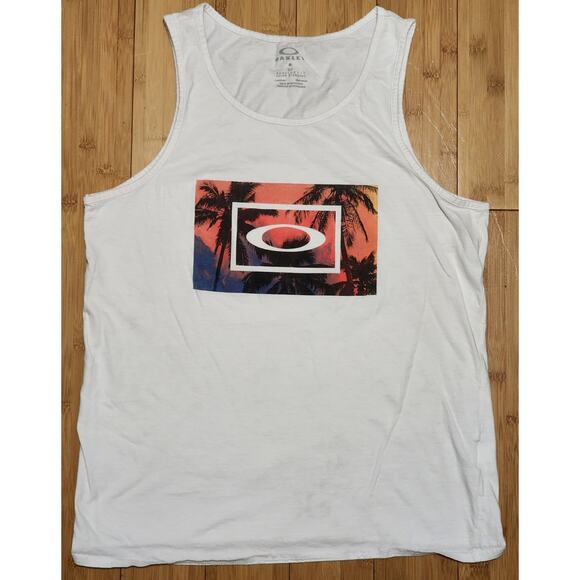 Oakley Shirt Mens Small White Tank Top Summer Palm Tree Muscle Tee Beach Surfing - Picture 1 of 5
